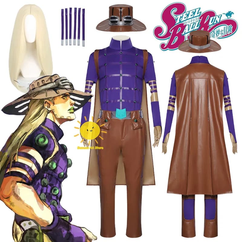 Anime Steel Ball Run Cosplay Julius Cesare Zeppeli Costumi Cosplay Cappotto Pantaloni Cappello Cintura Giroscopio Abiti Parrucca Halloween Cos Uomini adulti