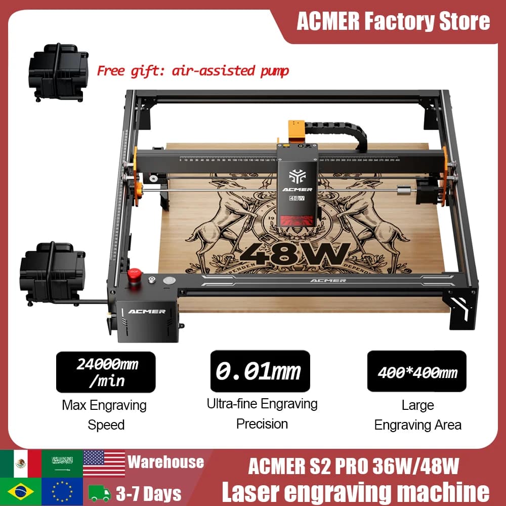 Macchina per Incisione Laser ACMER S2 PRO 36W/48W con Controllo APP WIFI Offline, Strumenti CNC per Lavorazione del Legno, Macchina da Taglio Laser a Diodi Blu