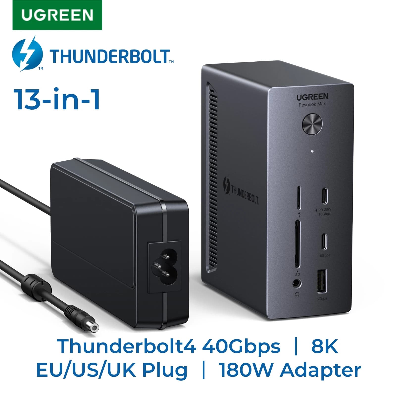 Docking station UGREEN Thunderbolt4 HUB USB 13 in 1 40 Gbps 90 W 4K a 60 Hz 8K a 30 Hz DP 2,5 GbE SD e TF 4.0 3,5 mm per laptop MacBook Dell