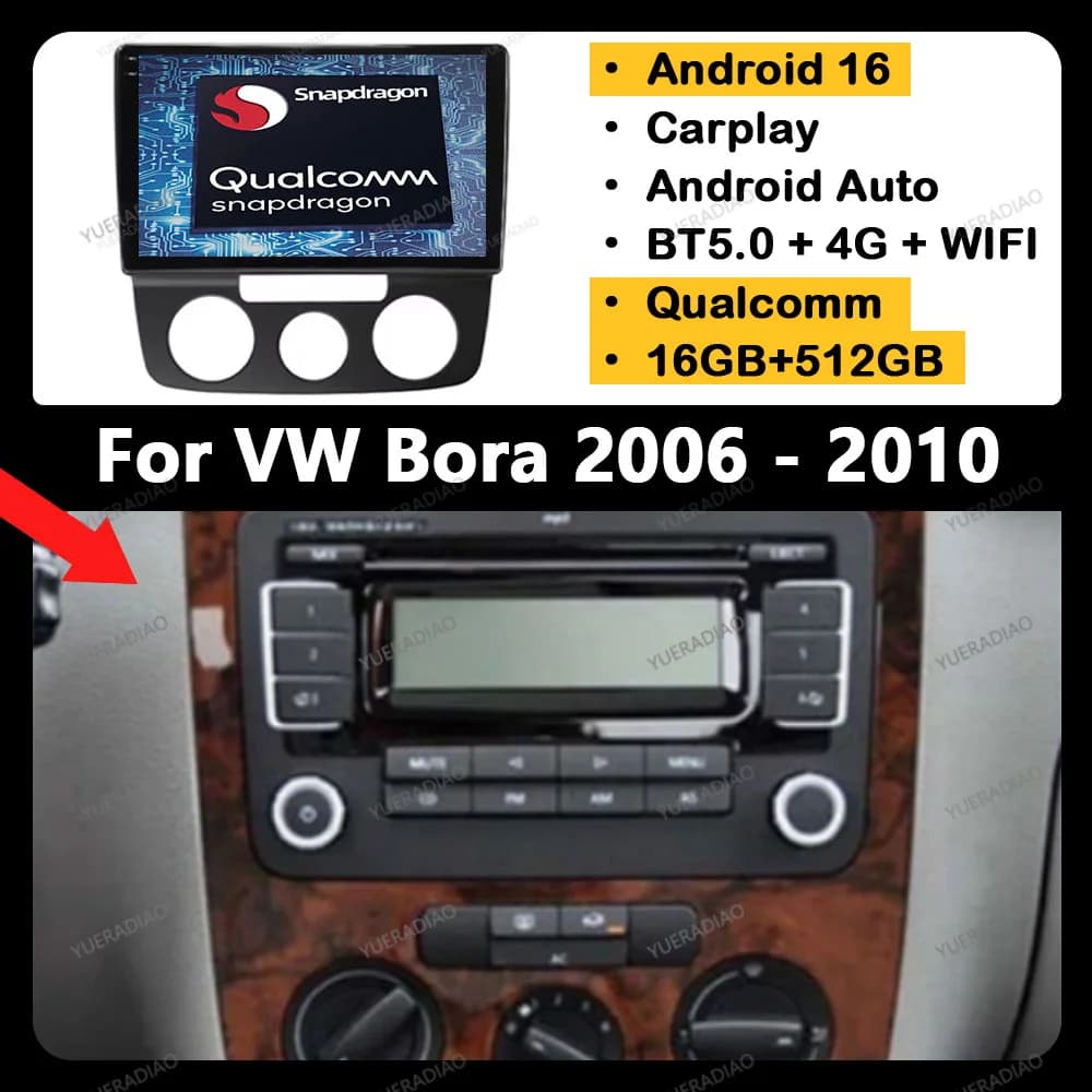 Android 16 Carplay Auto For VW Volkswagen Bora MT 2006 - 2010 Qualcomm 2DIN 4G LTE 5G WIFI Multimedia Video Player Head Unit BT