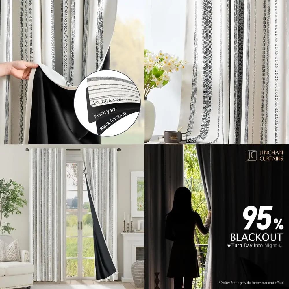 90 Boho style isolated darkening curtains with beige geometric print per bedroom, set of 2 panels