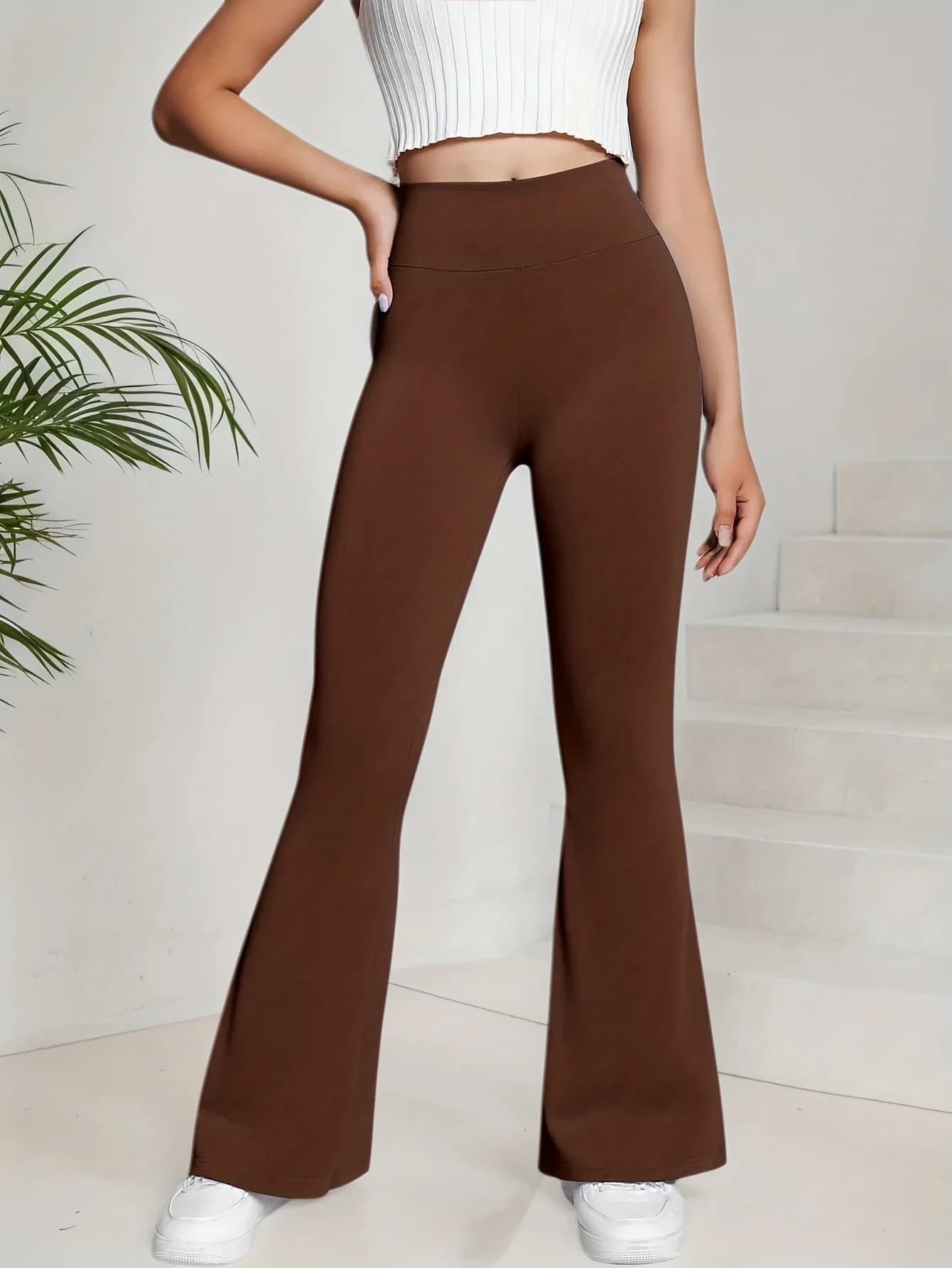 Pantaloni a Zampa d'Elefante da Donna a Vita Alta, Effetto Push-Up, Marrone, Elasticizzati, Senza Cuciture Visibili, Leggings Primaverili per Yoga e Casual