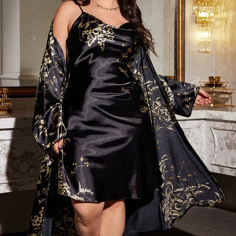 Plus Size 5XL Sleepwear Female 2PCS Robe&Gown Set Nightgown Silky Satin Long Kimono Bathrobe Gown New Spring Summer Home Dress