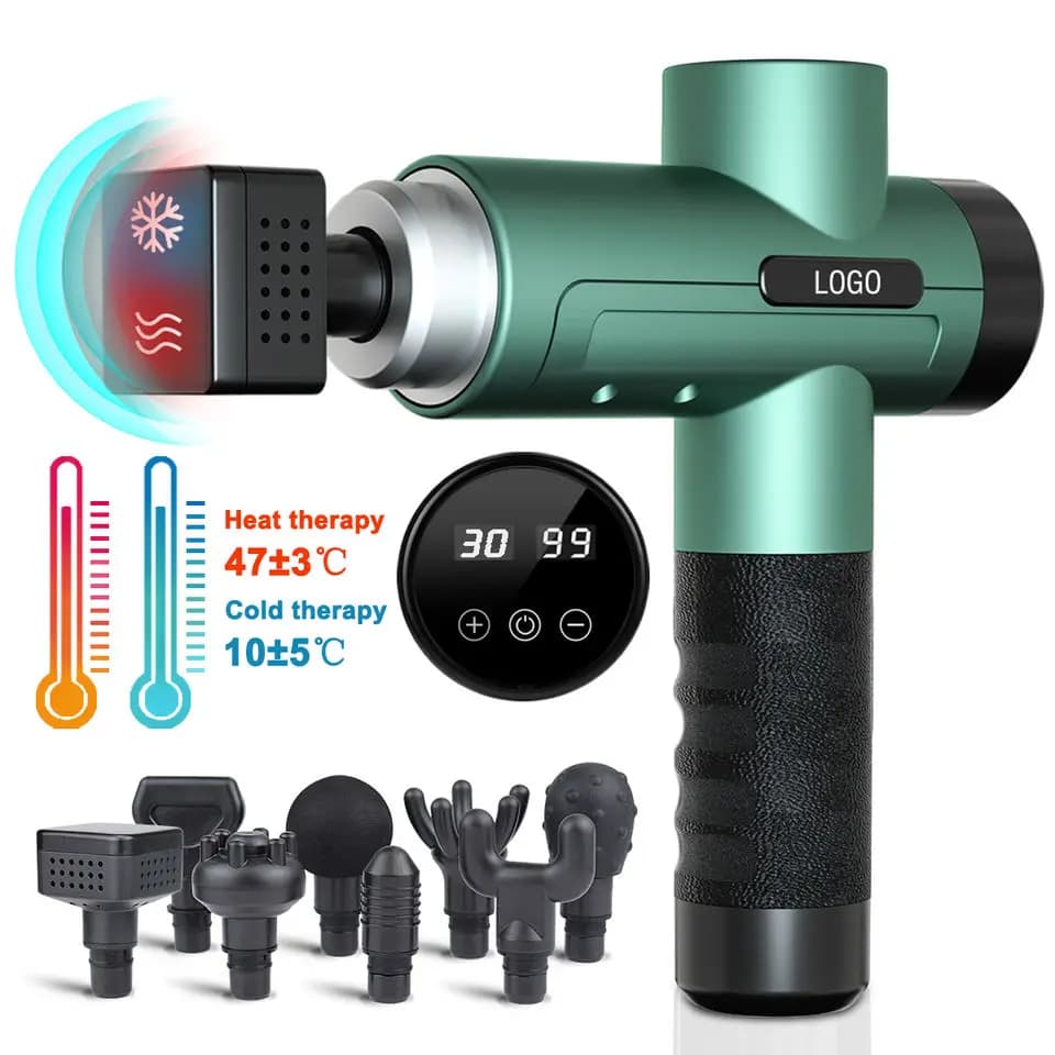 Heat and Cold Head Muscle Deep Tissue Percussion Massage Touch Screen Fascia Gun with EMS Lcd Display Low Noise Massagegun