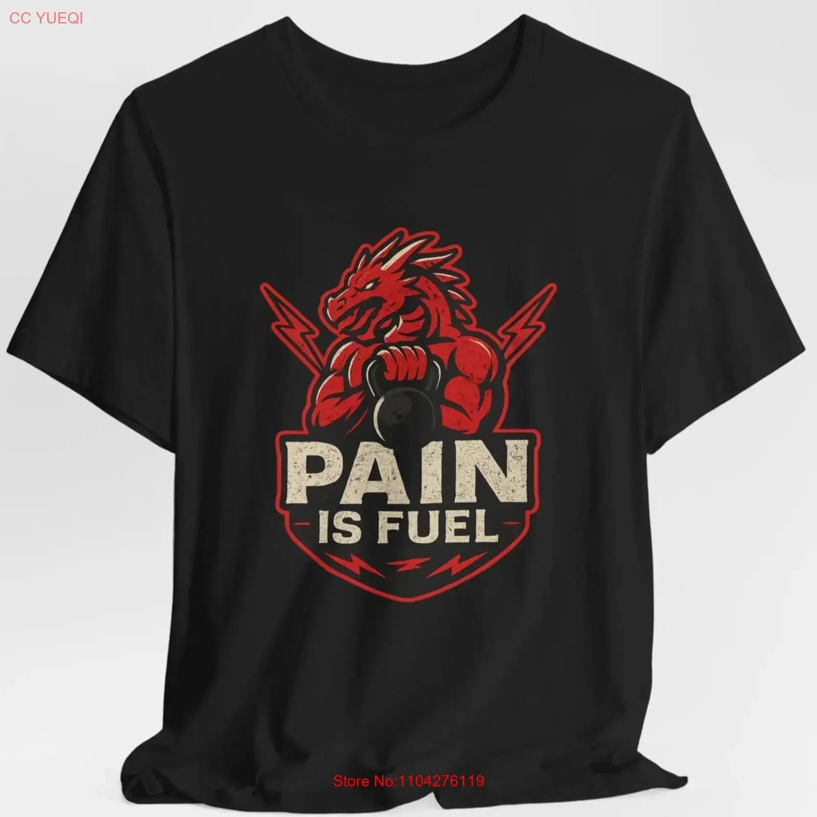 Gym T-shirt with vintage graphics print 'Pain Is Fuel Dragon', motivational for fitness training with Kettlebell, washed effect, slightly elasticized, versatile.