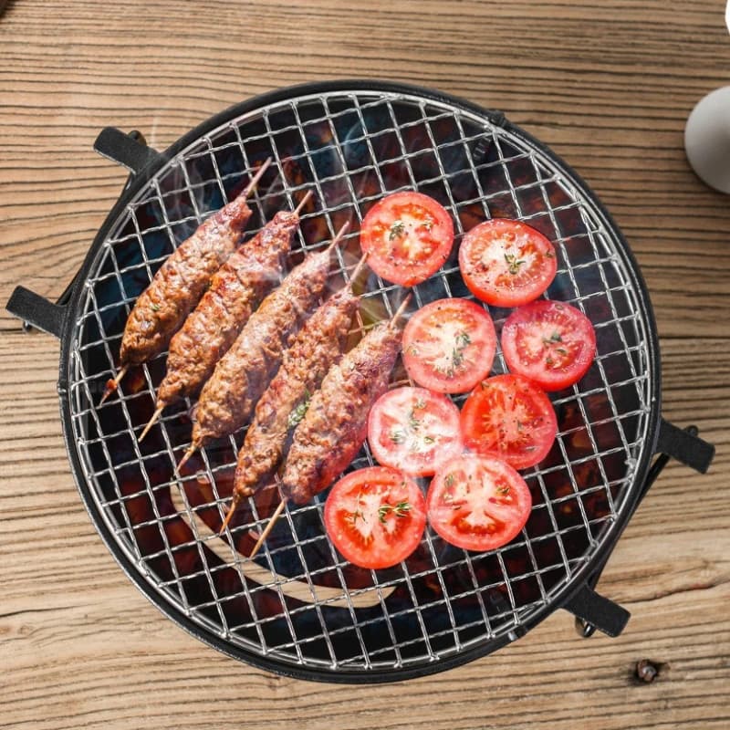 ‌Heavy Duty Cast Iron Round Grill, Outdoor Multi-Purpose BBQ with Non-Stick Coating & Tea Cooking Function for Garden Home Use