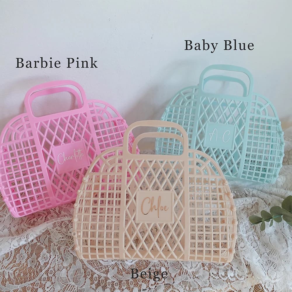 Borsa in gelatina personalizzata Pochette in paglia di plastica Cestino regalo personalizzato Festa di compleanno per bambini Festa di compleanno Bagno Ritaglio Lavaggio portaoggetti