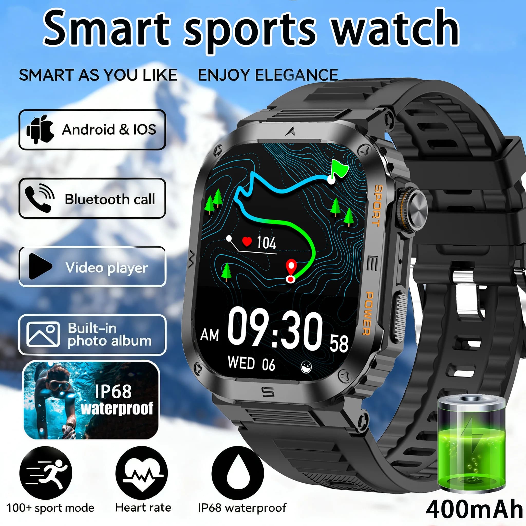 New Smartwatch 2026 with AMOLED Screen 2,01 Inch, Bluetooth Call, Waterproof IP68, 400mAh Battery, Sports Smartwatch for Men, Android, Military Grade