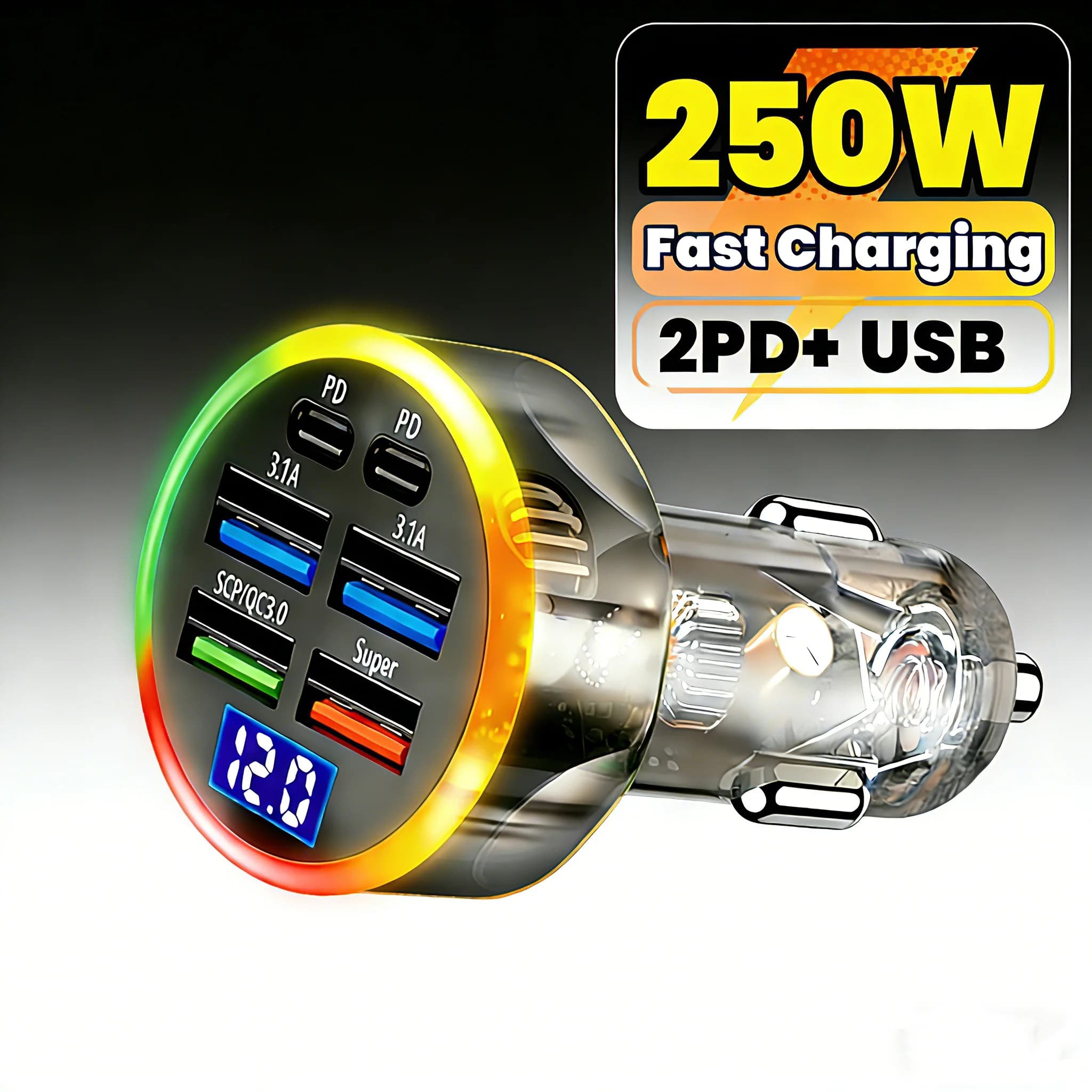 Stazione di Ricarica Rapida per Auto 250W, Caricatore USB PD QC 3.0 da Una a Sei Porte, Presa Accendisigari con Display LED