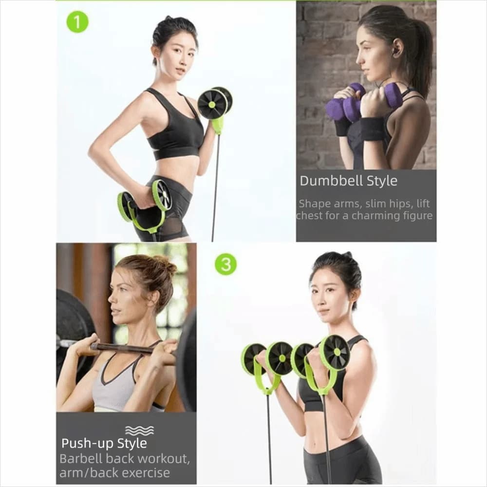 Double Roller Abdominal Training Tool with Knee Mat, Traction Cord, Adjustable Resistance Bands for Core Exercises