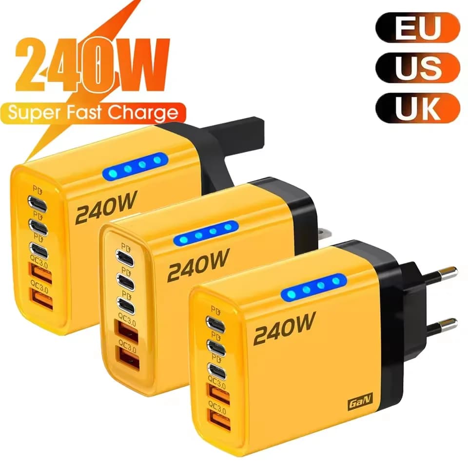 Adattatore di ricarica rapida USB C GaN 240W 5 in 1 per iPhone Samsung Xiaomi Huawei con spina EU US UK, ricarica rapida da parete di tipo C