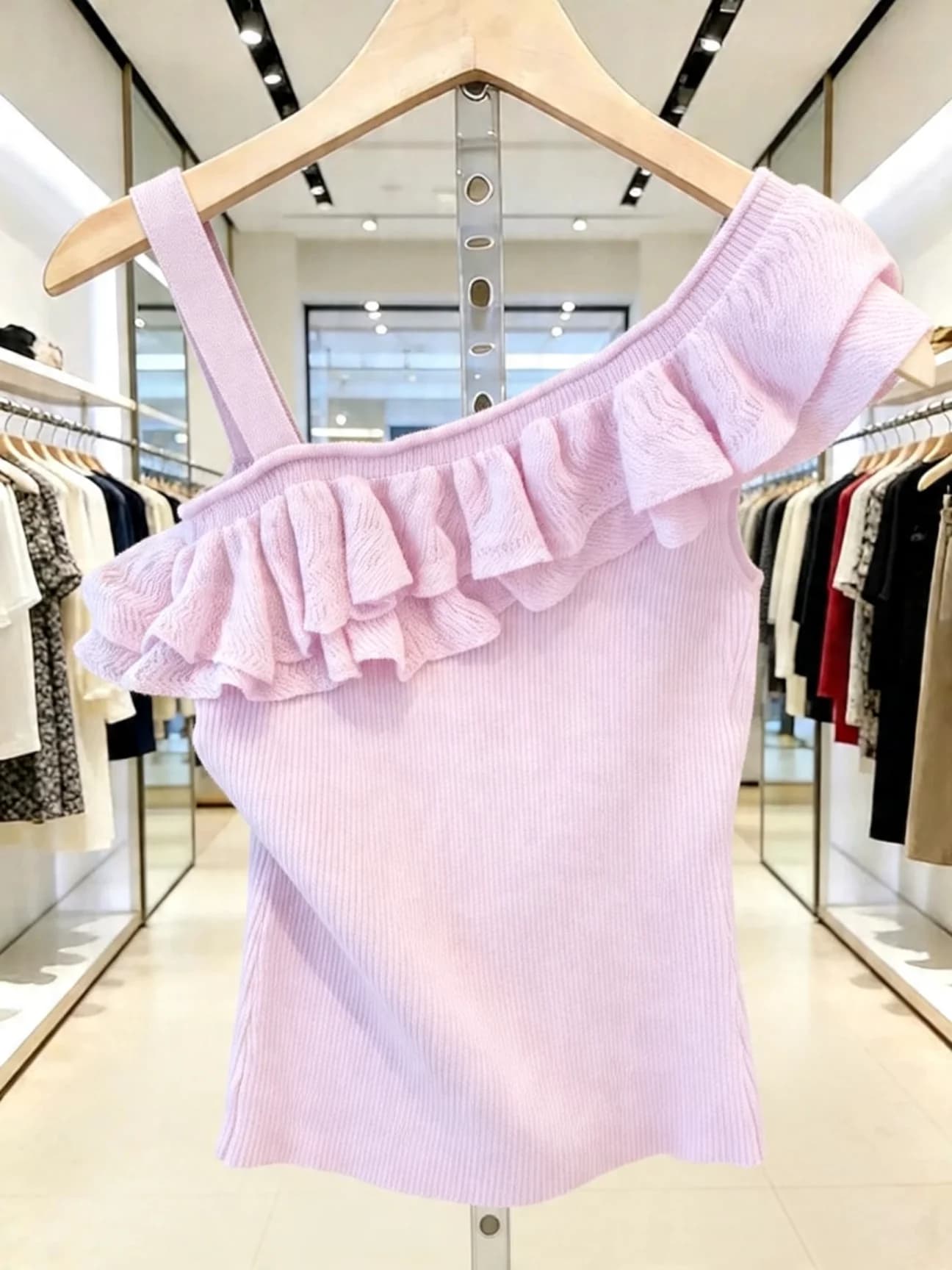 Top da donna slim fit di alta gamma con volant sulle spalle, stile francese, estivo, in fibra di poliestere traspirante, per un look che infonde gioia.