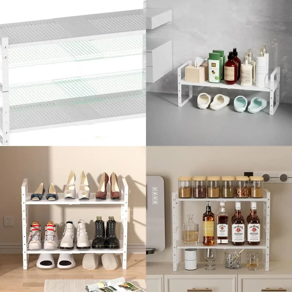 Organizzatore espandibile per scarpiera in metallo, portaoggetti da cucina impilabile, rialzi per scaffali regolabili, confezione da 2 bianco, dimensioni medie