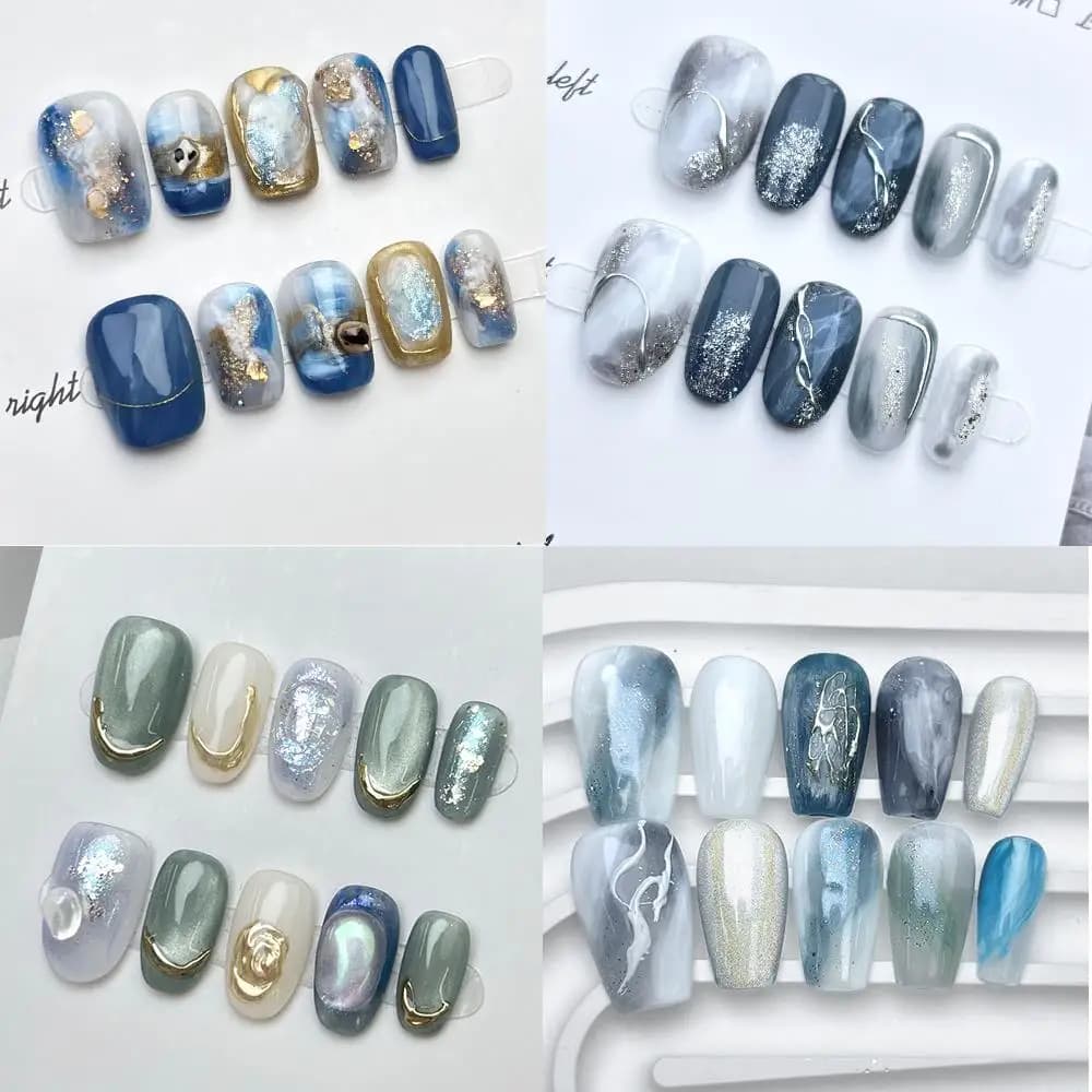 10 pieces short hand-made ovals for nails blue series flower rhinestones shiny design embossed dream nails removable cover complete print on