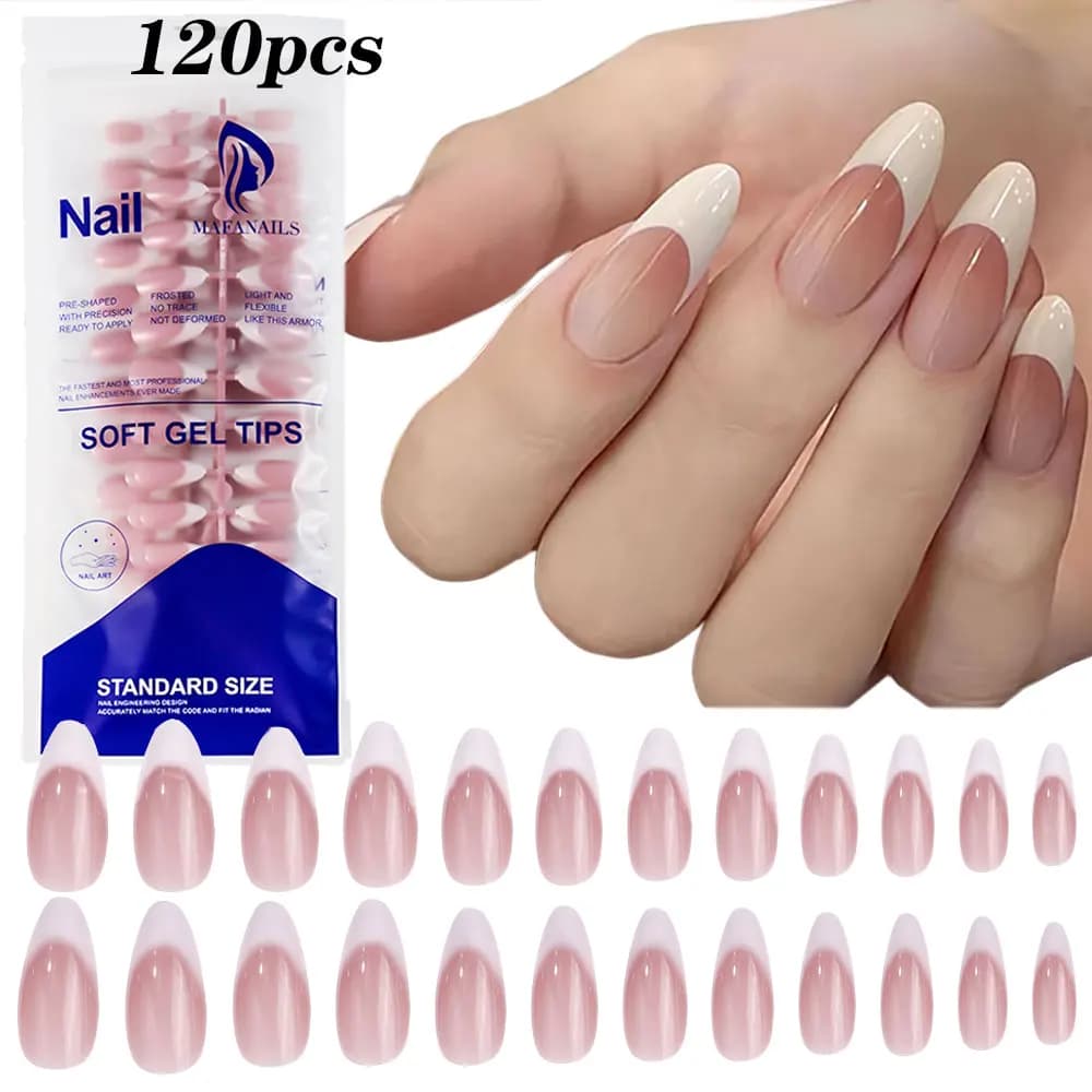 120 pieces pink almond medium french nails fake design shaded white french print on nails full cover acrylic gel tips for fake nails #
