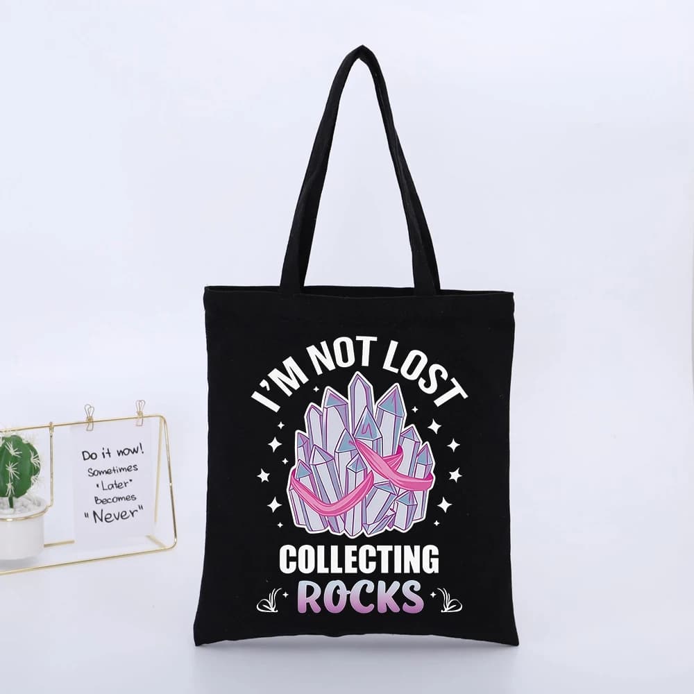 Crystal Cluster and Slogan Print Canvas Tote Bag, Casual Style for Daily Shopping and Errands