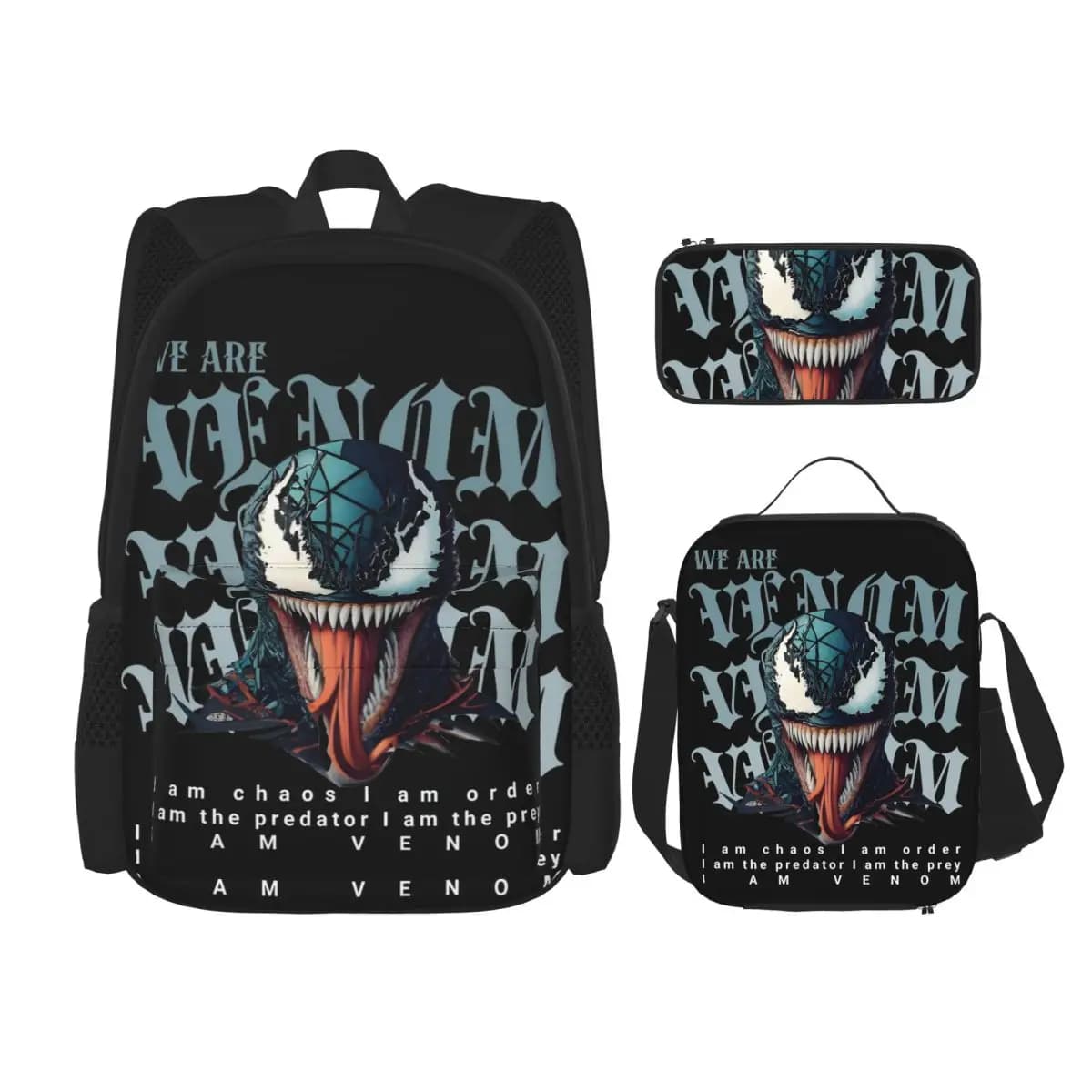 We Are Venom 3pecs/set Backpack for Boys Girls High School Shoulder Bag Lunch bag Pencil Case