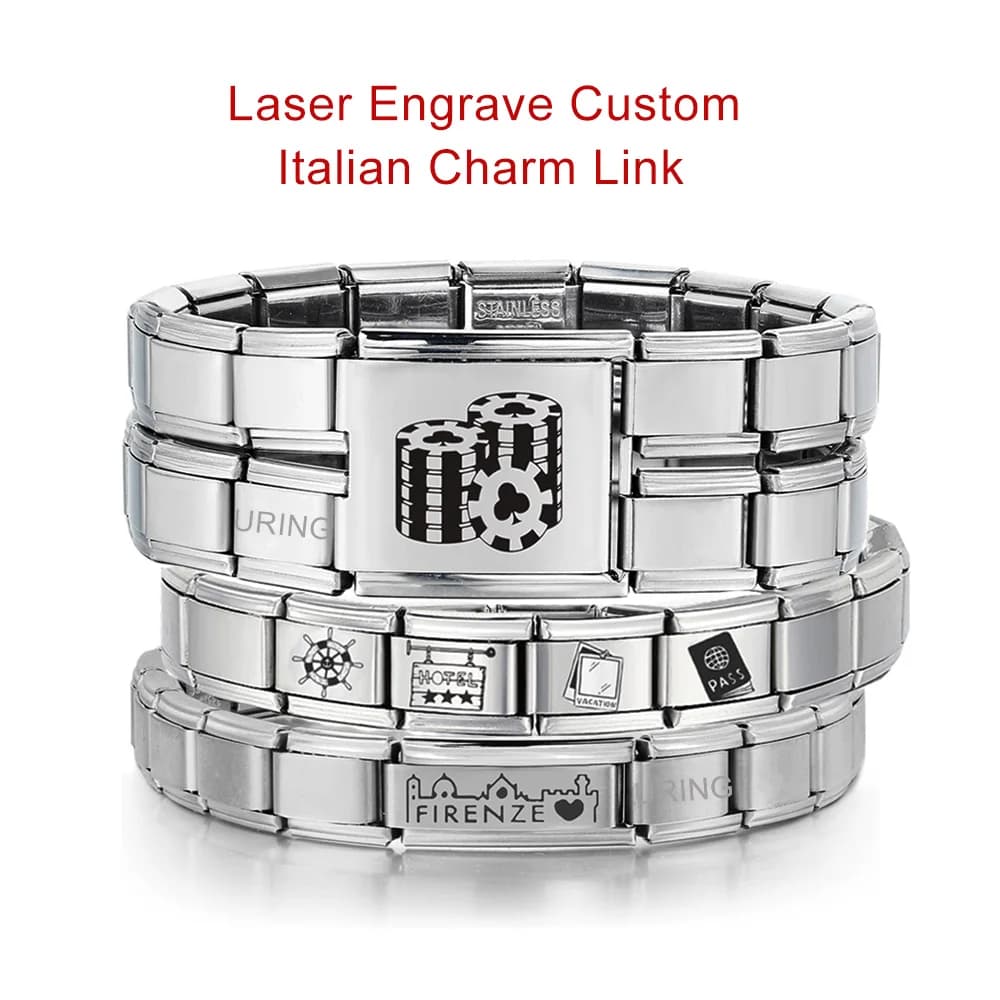 URING Personalizzato Incisione Laser Fascino Italiano Link Misura 9/18mm Bracciale In Acciaio Inox Donna Uomo Gioielli Fai Da Te Fare Perline