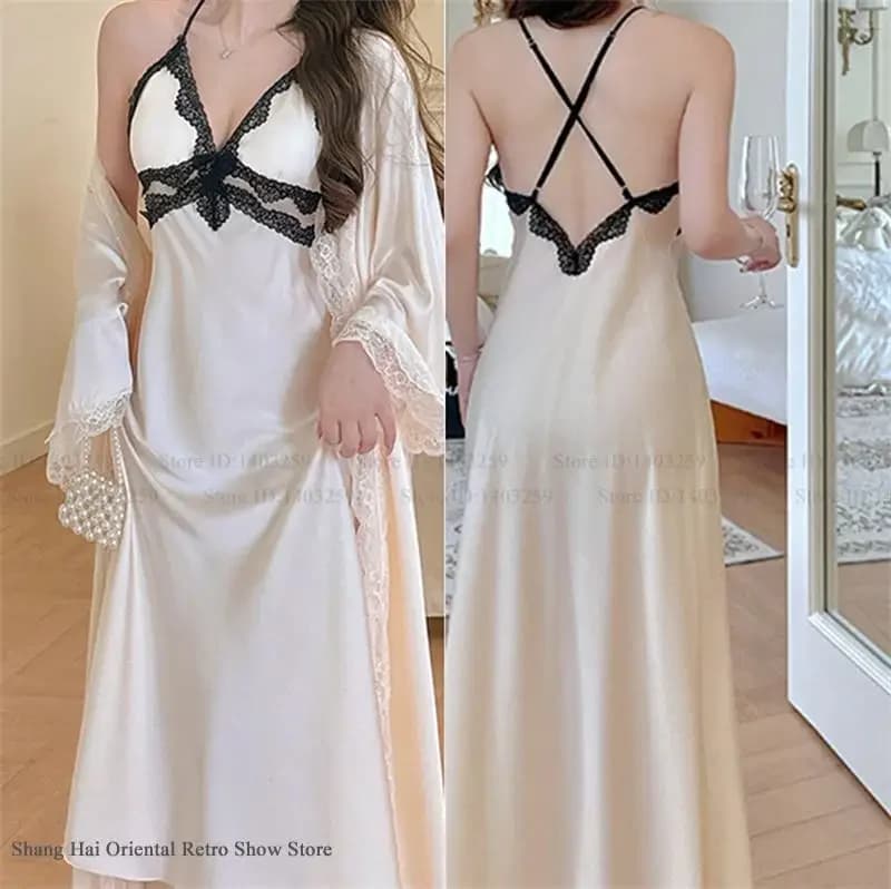 Vestaglia da Sposa Elegante in Raso di Seta, Kimono Lungo, Camicia da Notte Sexy in Pizzo, Lingerie, Abbigliamento da Notte e da Casa per Donna