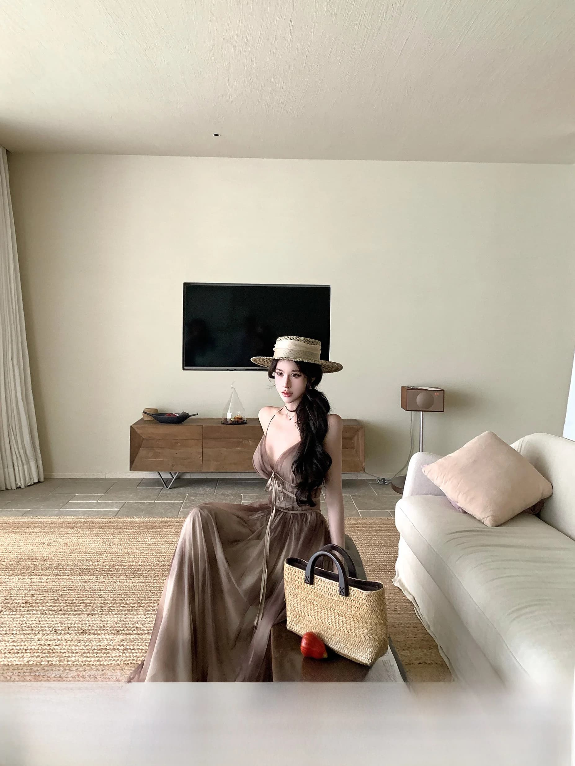 Nuovo Stile Estivo: Abito da Donna con Scollo a V e Pizzo, Stile Francese, Gonna Midi a Trapezio con Cintura, Chiusura con Cerniera Posteriore, Senza Maniche, Atmosfera Vacanziera