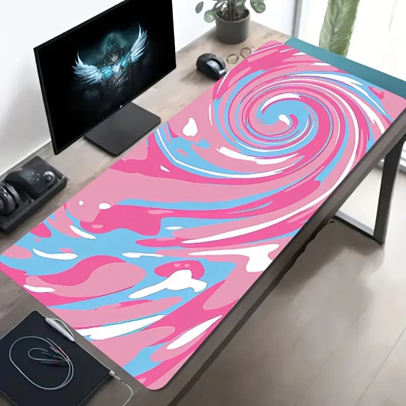 Tappetino da Scrivania Grande con Motivo a Spirale Rosa, Blu e Bianco, Tappetino per Mouse da Gaming Antiscivolo in Gomma per Ufficio