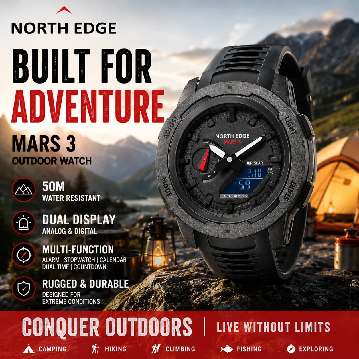 NORTH EDGE FORTRESS 2026 Men Digital Watch Outdoor Sports Waterproof 50M Watches World Time Countdown Electronic LED Wristwatch