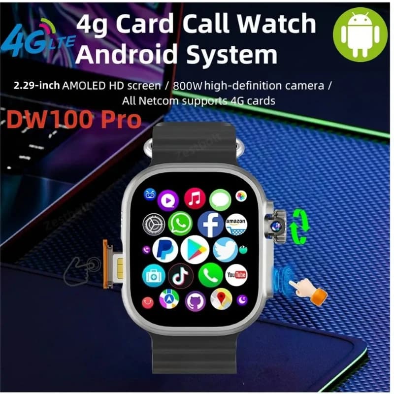 Nuovo Per DW100 4G Android Smartwatch Chiamata Globale Impronte Digitali Sblocco 4G SIM Card 229 Pollici AMOLED Video Chat WIFI GPS App Scarica