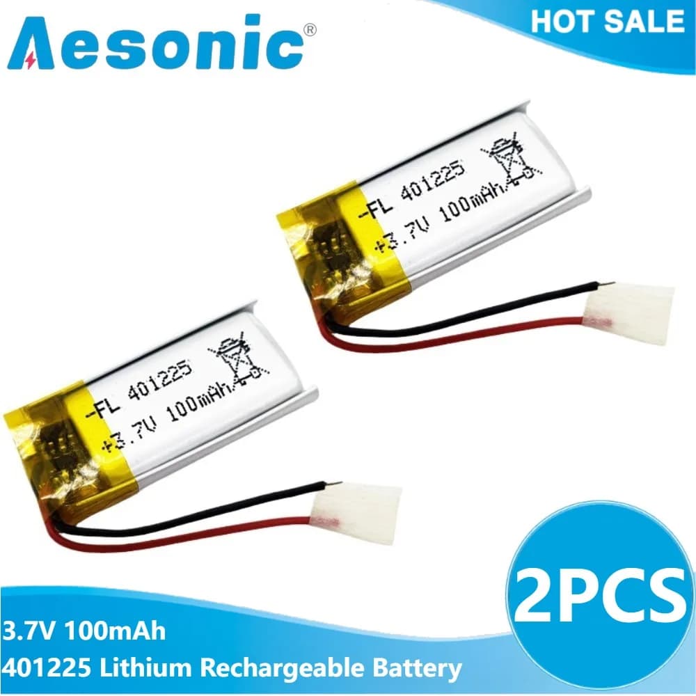 2 batterie ricaricabili ai polimeri di litio LiPo da 3,7 V 100 mAh 401225 per auricolari Bluetooth, strumenti di bellezza, selfie stick, spray, ecc.