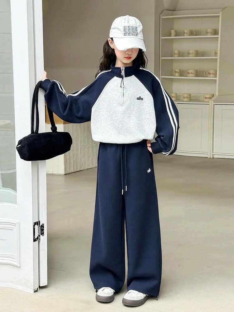 Trendy Children's Sportswear Set for Girls Autumn Casual Wide Leg Pants Long Sve Sweatirt Two Piece Set Cotton Loose Fit