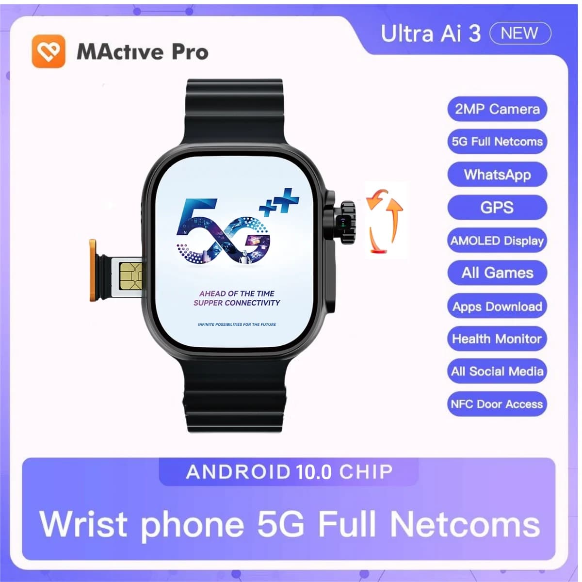 Microwear S10 Ultra ai3 Smartwatch 5G SIM Card Android 10.0 2.2'' Amoled Monitoraggio della salute 180 ° Orologio intelligente con fotocamera rotante da 256 GB