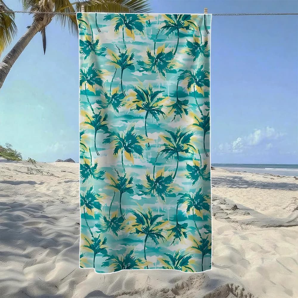 Asciugamano da spiaggia con palme in acquerello verde acqua, morbido e ad asciugatura rapida, perfetto per viaggi all'aperto, nuoto, campeggio e spiaggia estiva