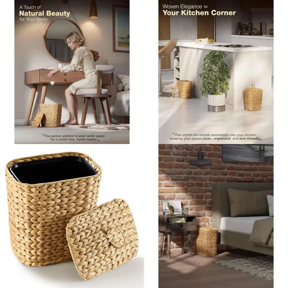 Cestino per rifiuti in rattan realizzato a mano, cestino per rifiuti decorativo in vimini da 2,6 galloni con coperchio e rivestimenti rimovibili per uso domestico e in ufficio