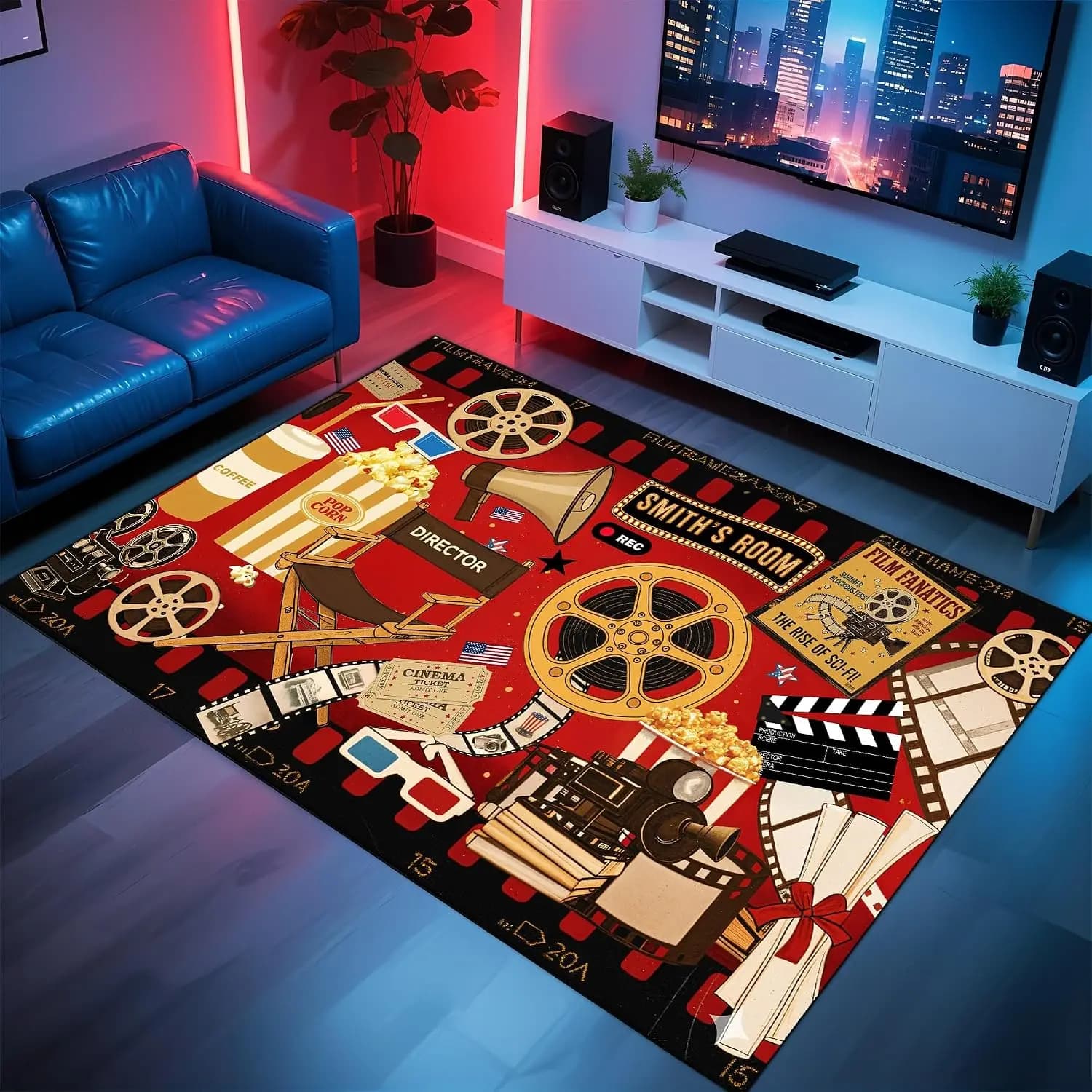 Custom Name Cinema Theme Carpet, Soft Non-Slip Rug for Home Theater Media Room, Bespoke Movie Night Decor Floor Mat