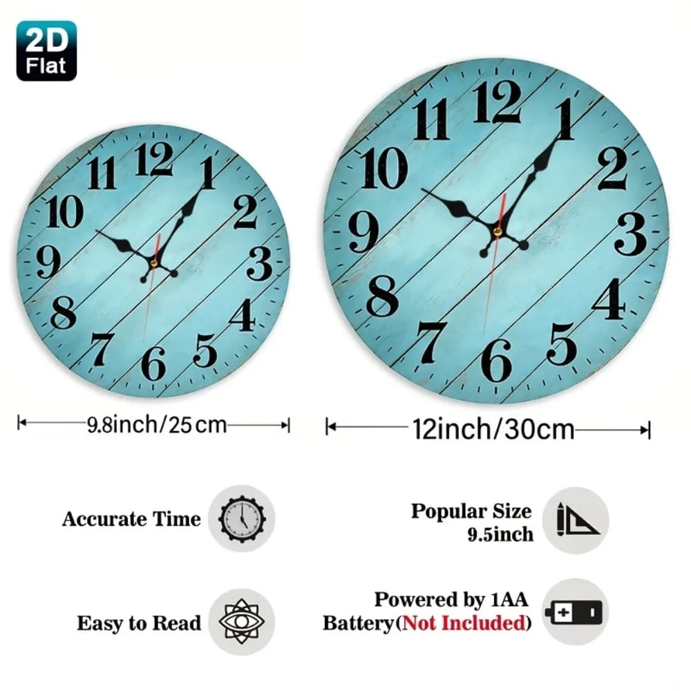 A Single Piece of Bright Turquoise Wall Clock Featuring Diagonal Wooden Planks And Black Numbers, Perfect for a Nursery, Laundry