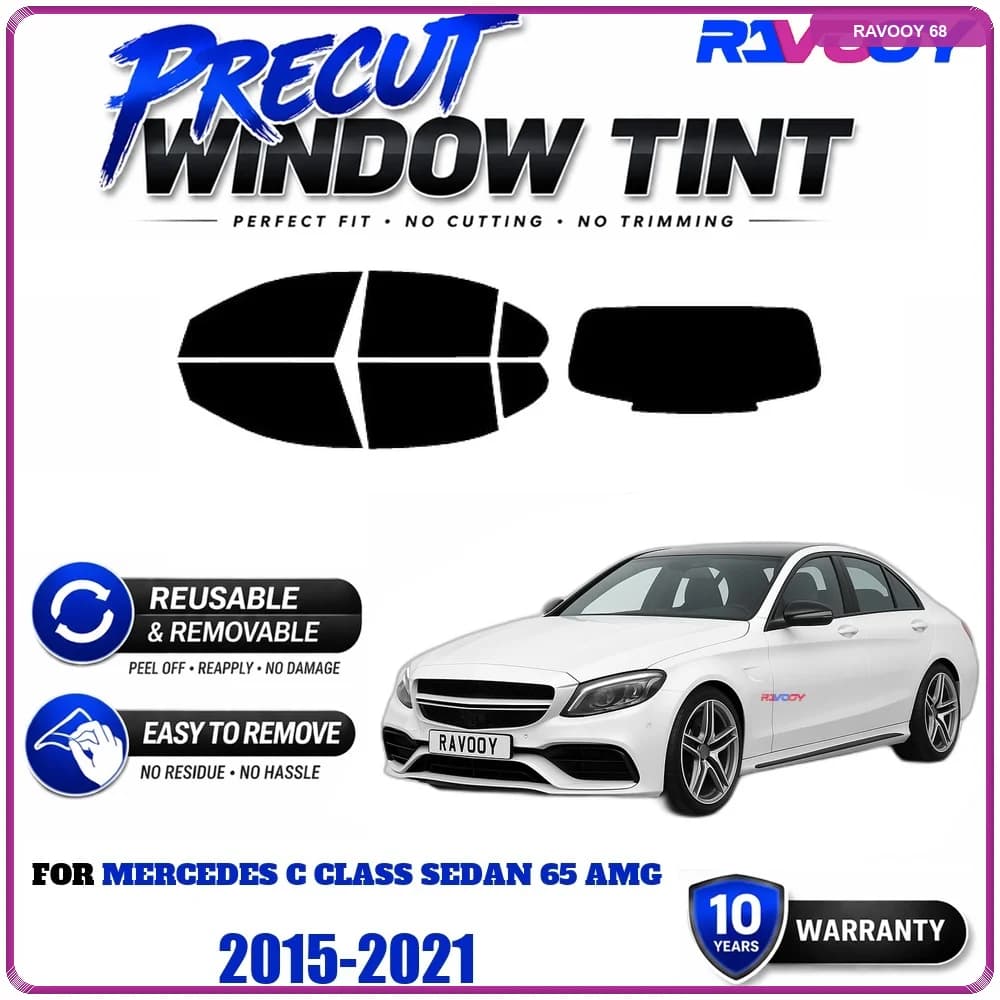 Precut Window Tint, Reusable Removable EPU Film, Custom Fit for Mercedes C Class Sedan 65 AMG 2015-2021, UV Heat Protection