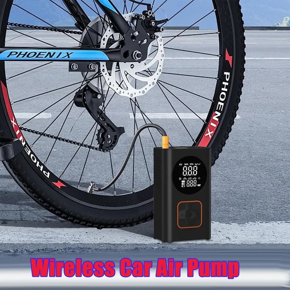 Compressore d'Aria Wireless Ricaricabile con Display Digitale, Gonfiatore Elettrico per Pneumatici Auto, Bici, Moto, con LED di Emergenza