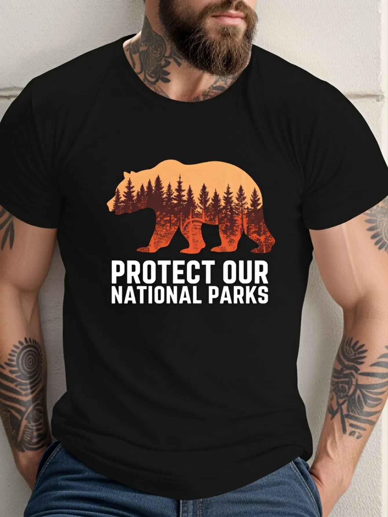Plus Size Men's T-Shirt - Bear Forest Pattern For Protecting Our National Parks, Casual Crew Neck, Short Sleeve, Slight Stretch, Summer Wear, PLUS SIZE