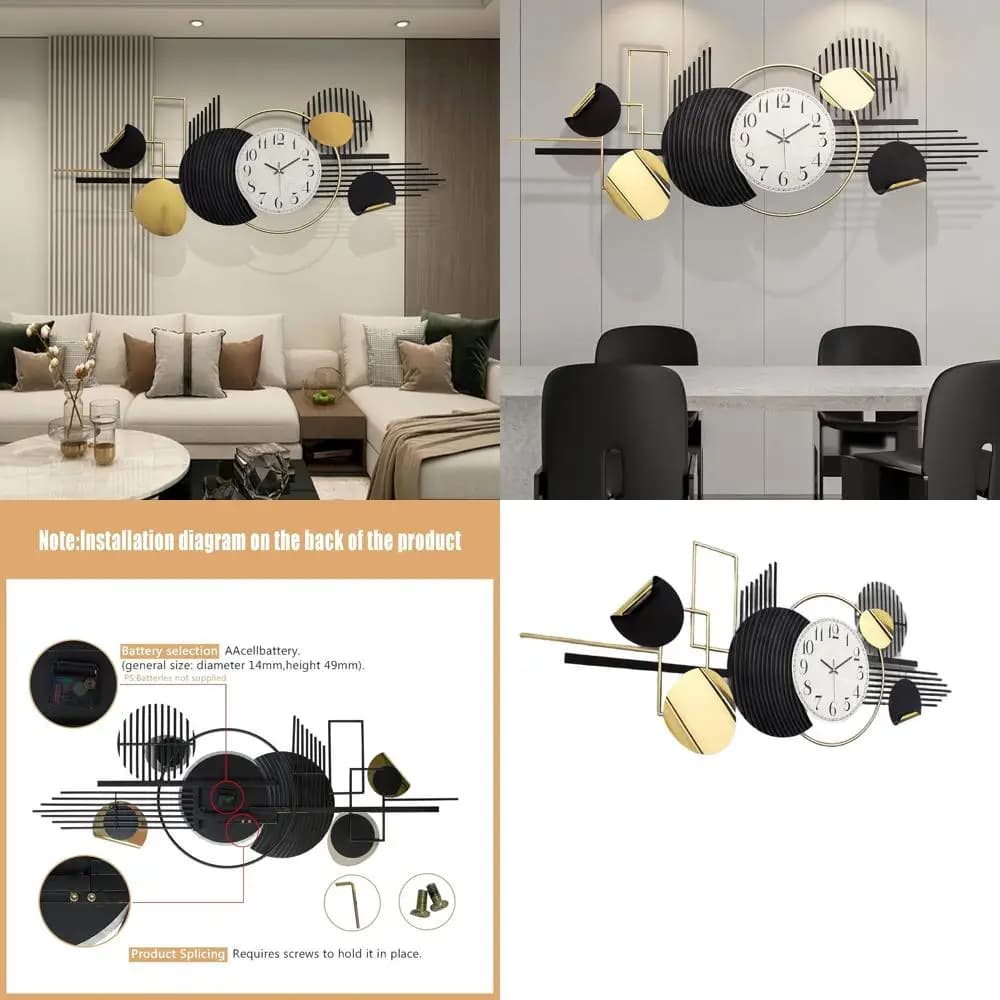 Grande Orologio da Parete Geometrico 3D, 56x24 Arte Astratta per Soggiorno, Decorazione Moderna in Bianco e Nero