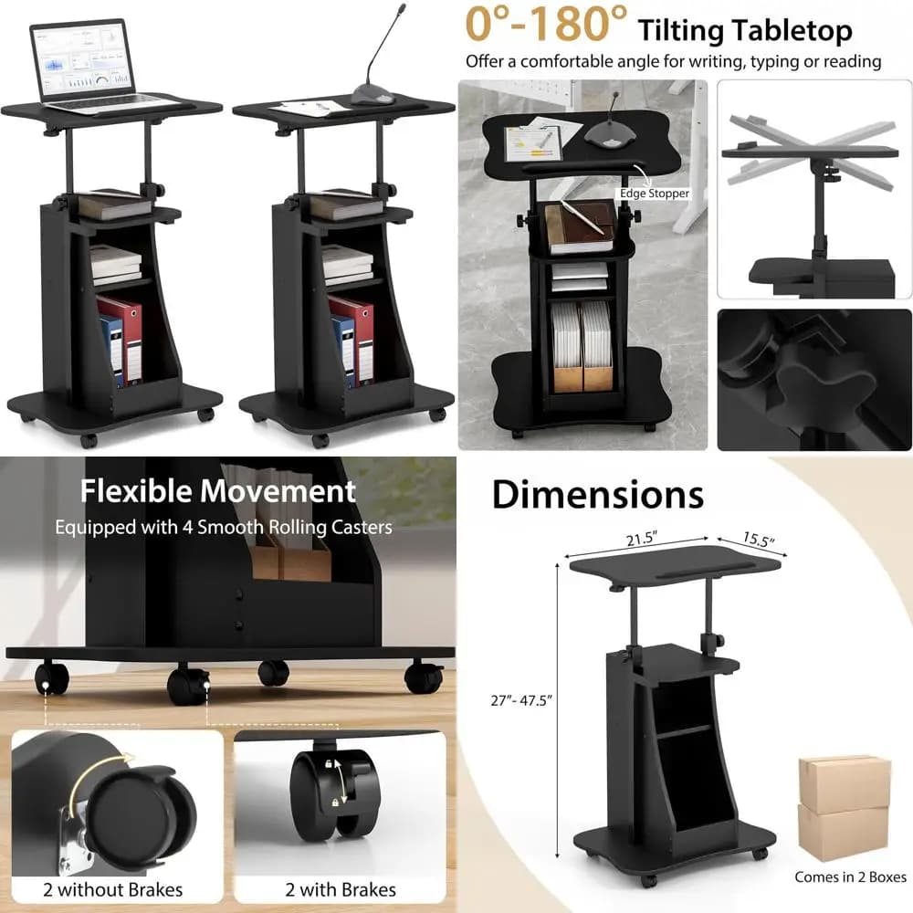 Carrello Doppio per Laptop Regolabile in Altezza con Piano d'Appoggio e Vano Portaoggetti, Supporto con Ruote per Aula, Chiesa o Ufficio Domestico, Nero