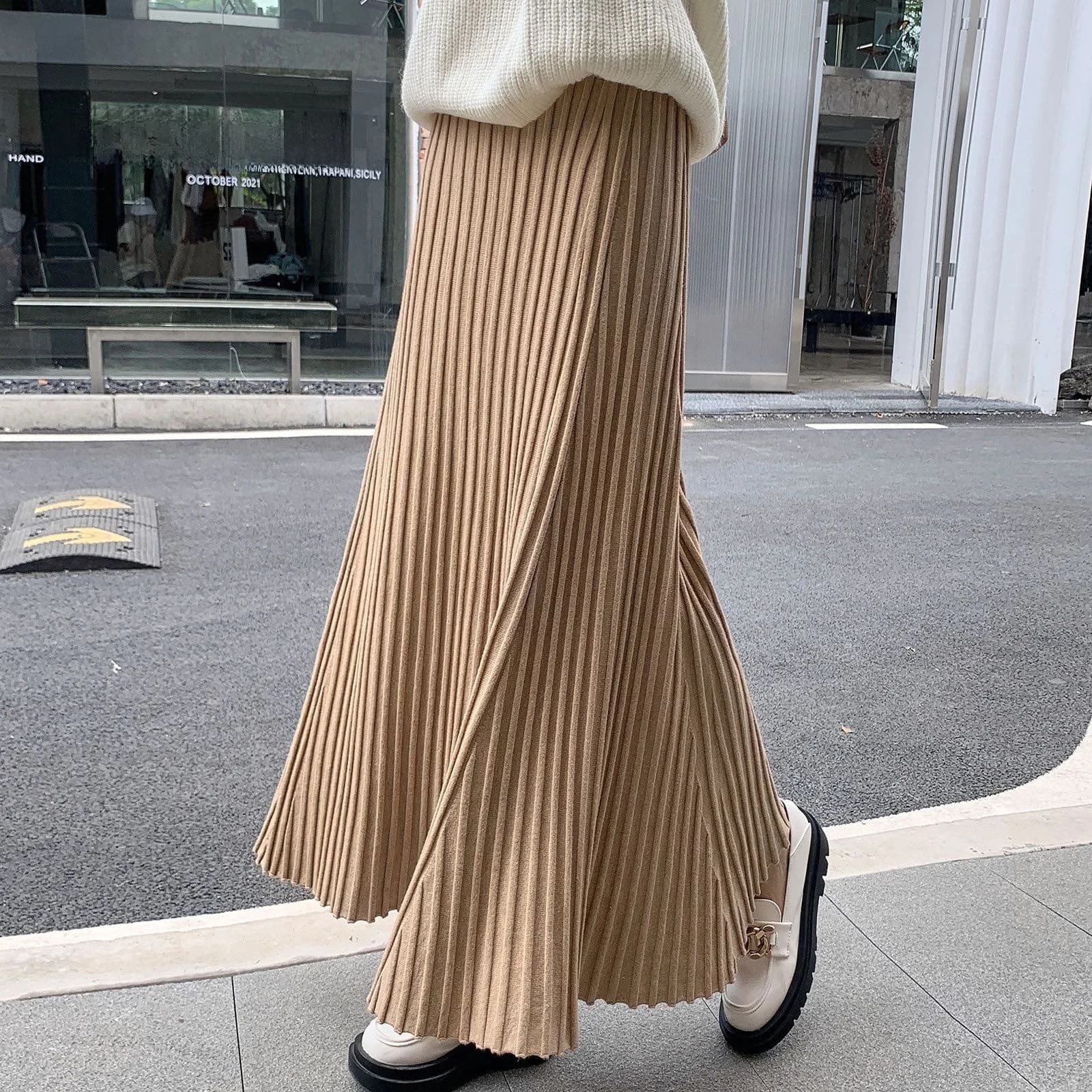 Laid-back Style Midi A-Line Knitted Skirt High Waist Slim Fit Fullness Striping Autumn New Arrival Women's Fashion Premium Ha...