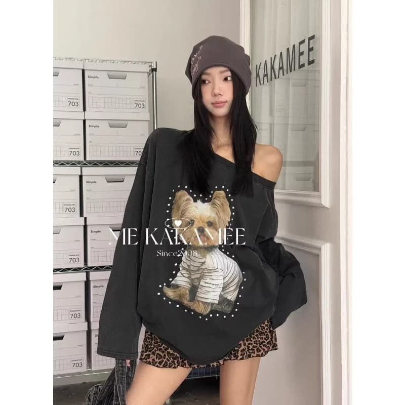 Pullover T-shirt a maniche lunghe con spalle scoperte con stampa cartoon Top da pendolarismo casual da donna