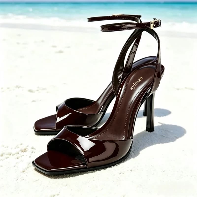 Eleganti Sandali con Tacco Alto in Pelle Verniciata Bordeaux, Scarpe da Donna alla Moda con Punta Quadrata e Tacco a Spillo, Sexy Scarpe Slingback con Punta Aperta
