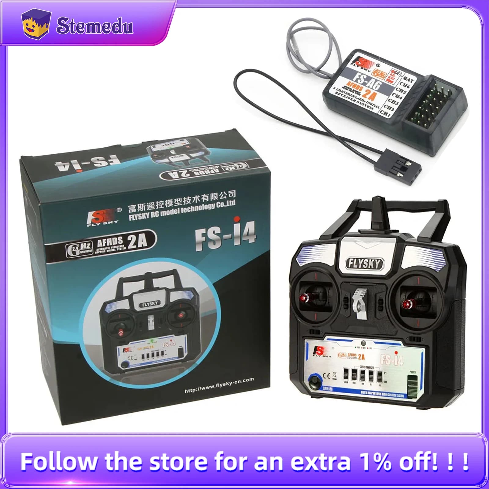 Trasmettitore del sistema radio Flysky FS-i4 AFHDS 2A 2.4GHz 4CH per aliante per elicottero RC con ricevitore FS-A6