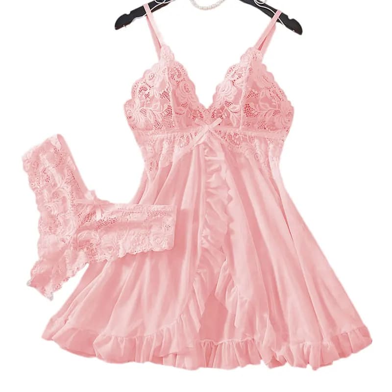 Camicia da notte dolce rosa Abito da notte elegante femminile Reggiseno con scollo a V caldo Biancheria intima di seta trasparente Pigiama da donna con set di mutandine