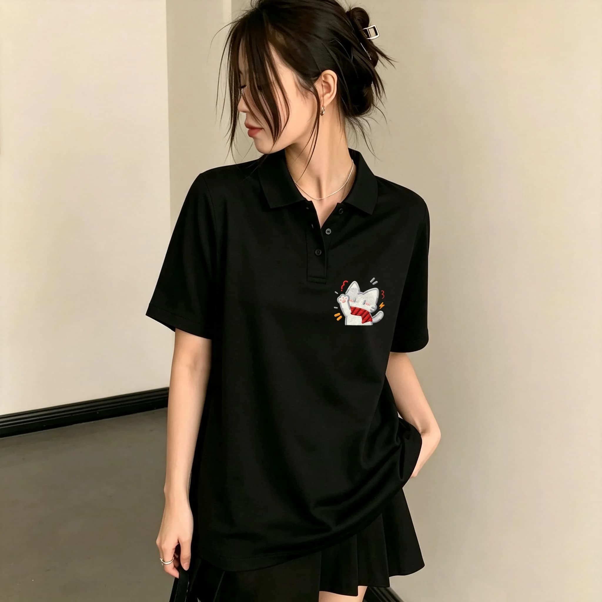 Women Black Lapel Collar Polo Shirt Cute Waving White Cat With Red Scarf Embroidery Short Sleeve Loose Soft Breathable Summer Daily Casual Basic Top