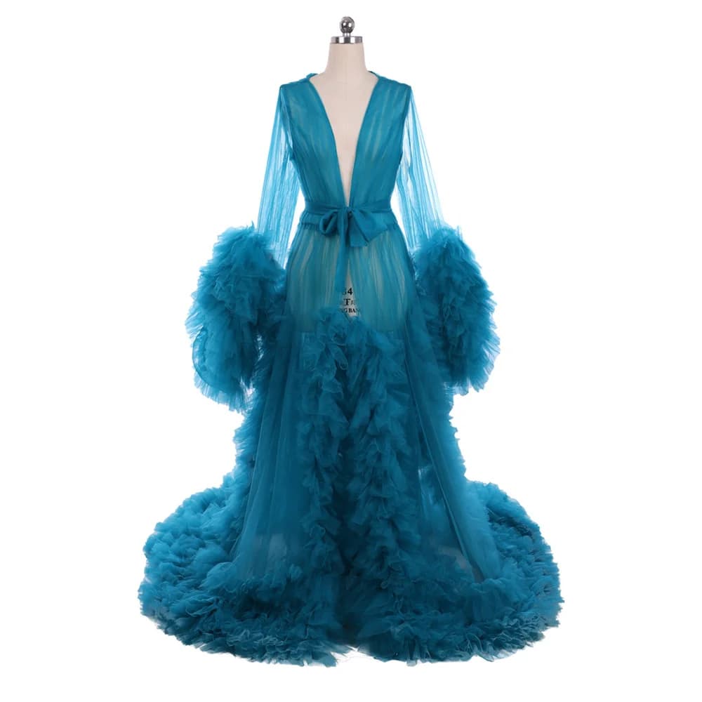 Abito da donna sexy Illusion Tulle Ruffle Accappatoio lungo Indumenti da notte Abiti da sposa medievali per feste da sera