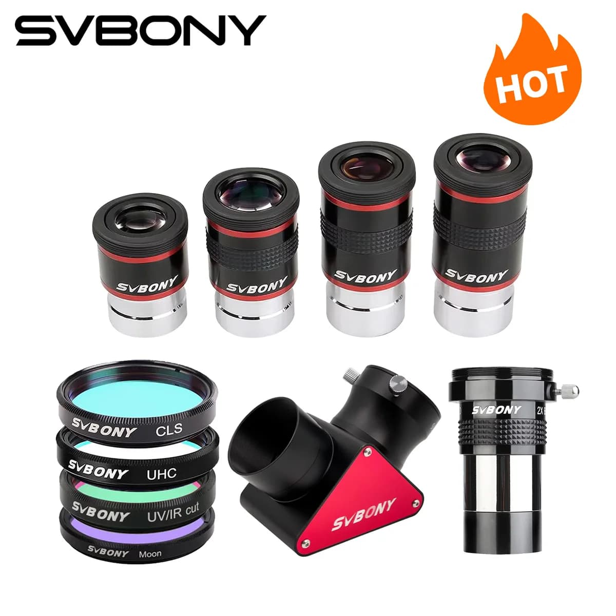 Set di accessori per telescopio Svbony Oculare, filtro, specchio Zenith, lente Barlow, per osservazioni di telescopi astronomici