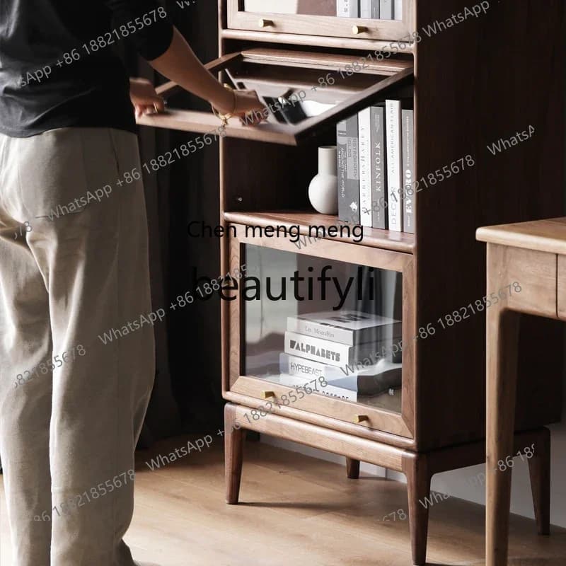 B7304 Vetrina per vino in legno di noce nero, vetrina in vetro, parete del soggiorno con armadietto per lampade