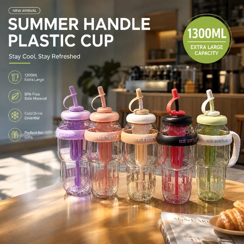1300ml Large Capacity Sports Water Bottle with Straw Plastic Drinking Mug with Lid Outdoor Travel Portable Cup