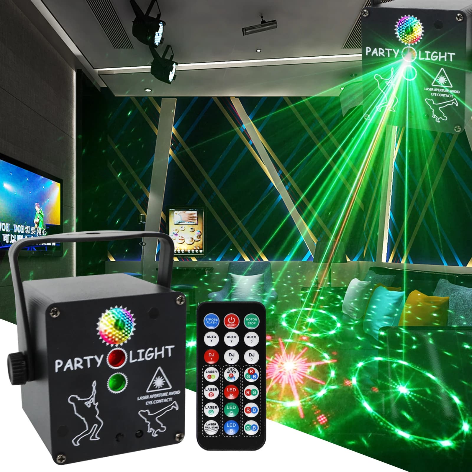 WUZSTAR Luci da palcoscenico per DJ da discoteca, proiettore stroboscopico RGB con luce laser con controllo del suono con telecomando per varie feste